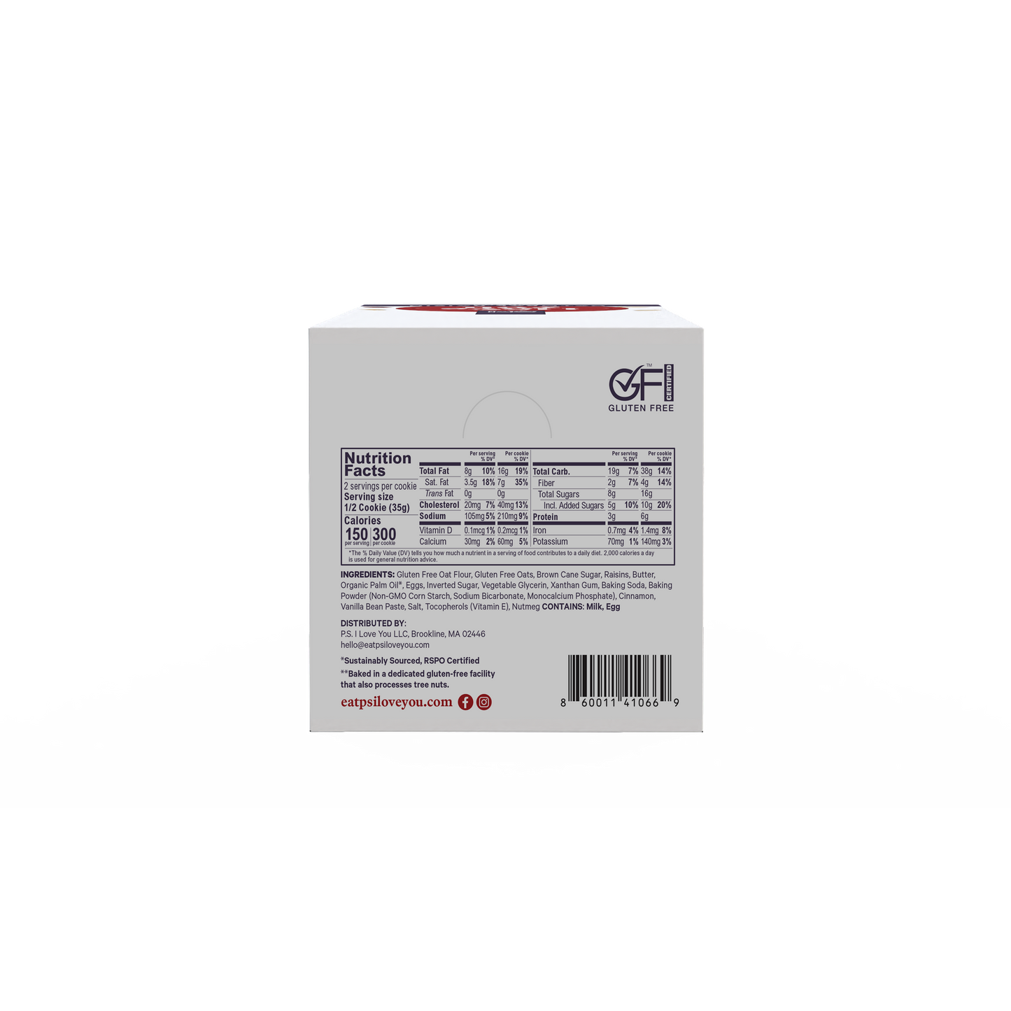 P.S. I Love you soft-baked gluten free oatmeal raisin cookie packaging