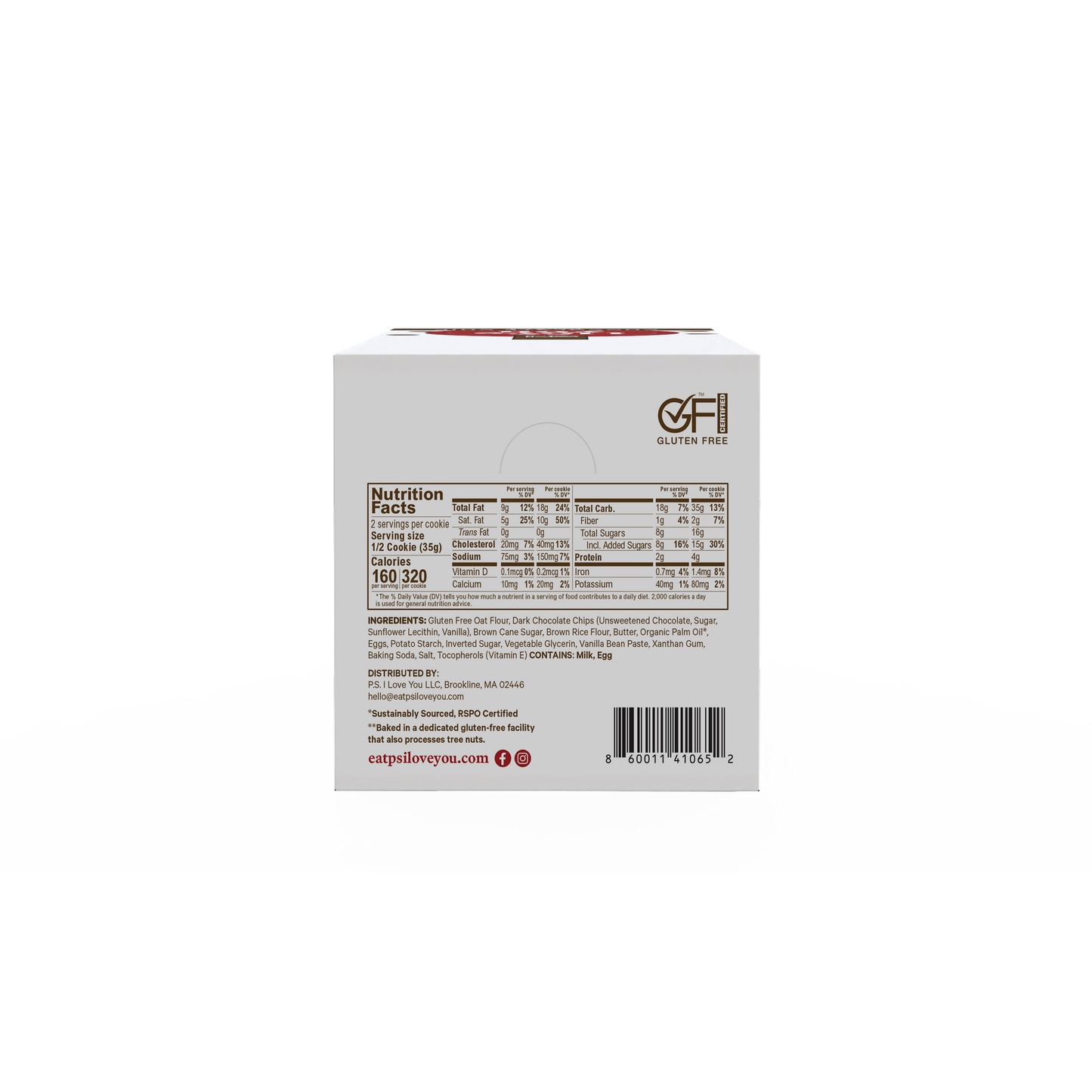 P.S. I Love You soft-baked chocolate-chip packaging with nutrition facts and ingredients list.