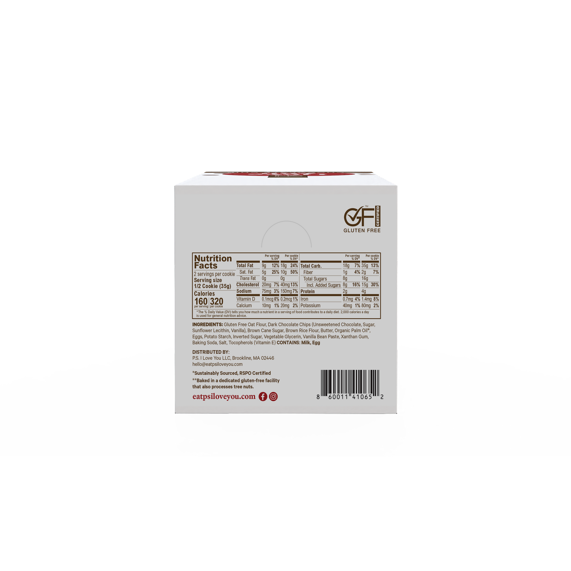 P.S. I Love You soft-baked chocolate-chip packaging with nutrition facts and ingredients list.