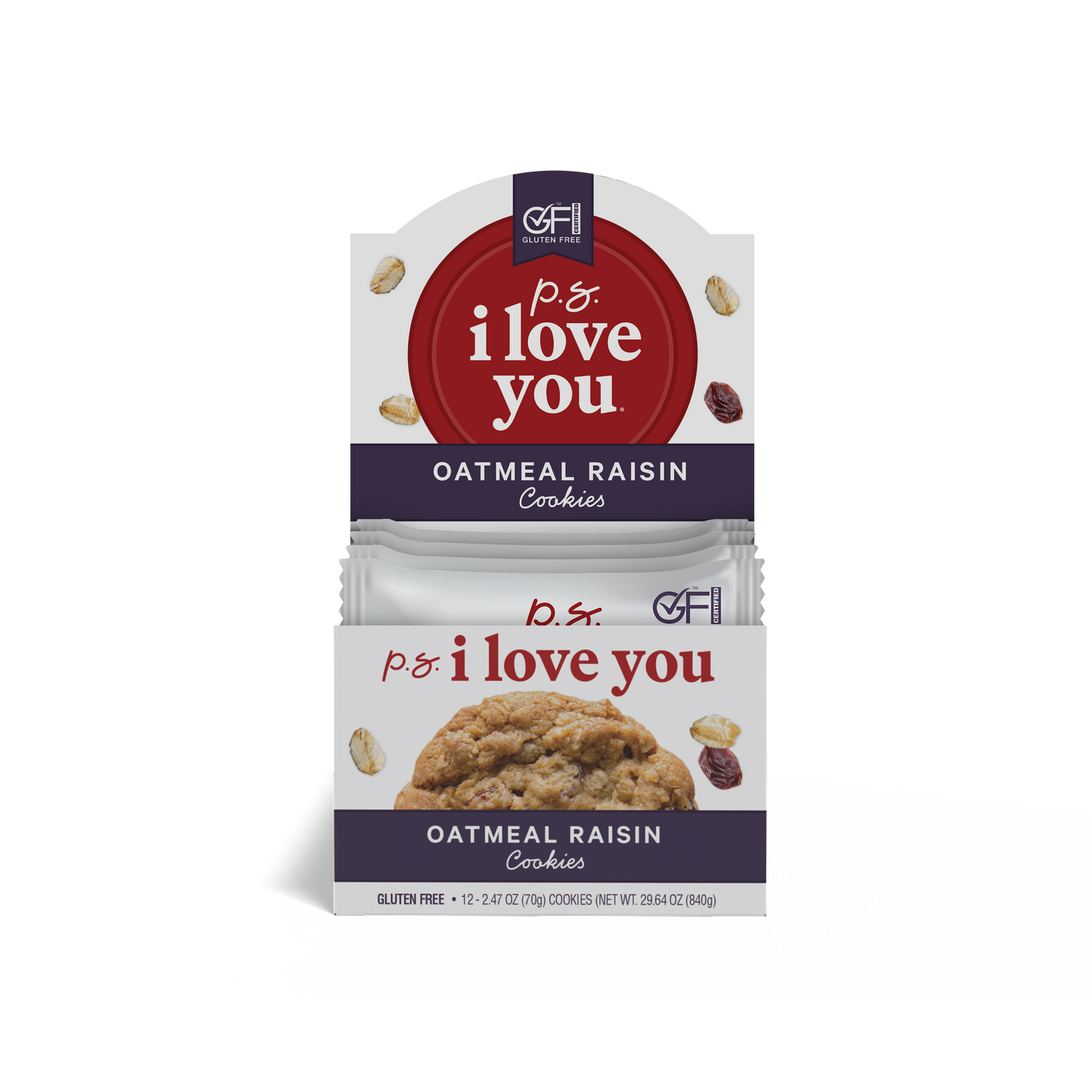 P.S. I Love you soft-baked oatmeal raisin cookie packaging