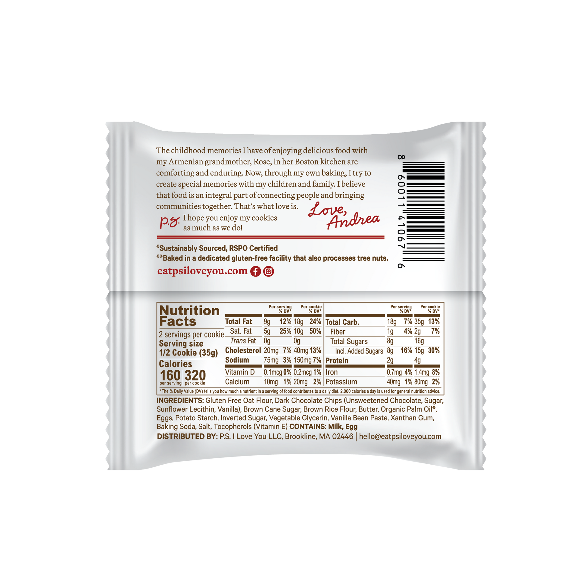 Back of P.S. I Love You soft-baked chocolate-chip cookie package with nutrition facts and ingredients listed.