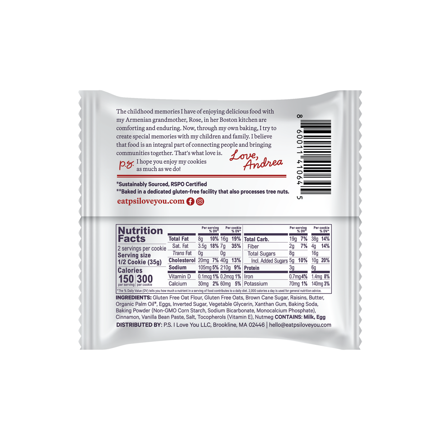 Back of a P.S. I Love You soft-baked oatmeal raisin cookie package with text and nutrition facts on a white background