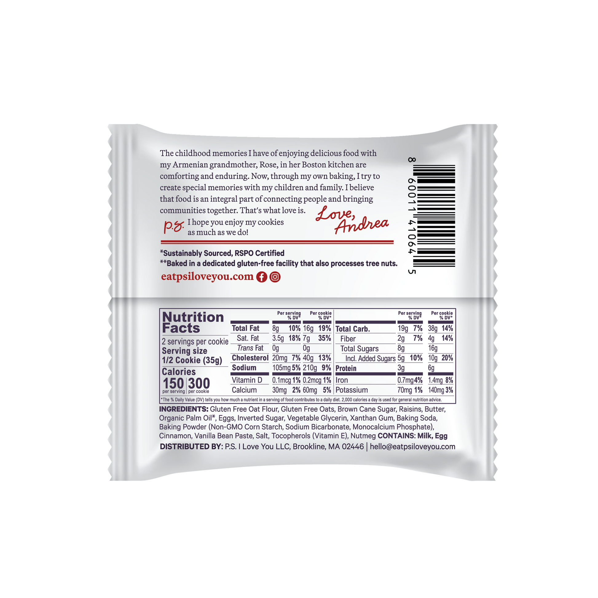 Back of a P.S. I Love You soft-baked oatmeal raisin cookie package with text and nutrition facts on a white background
