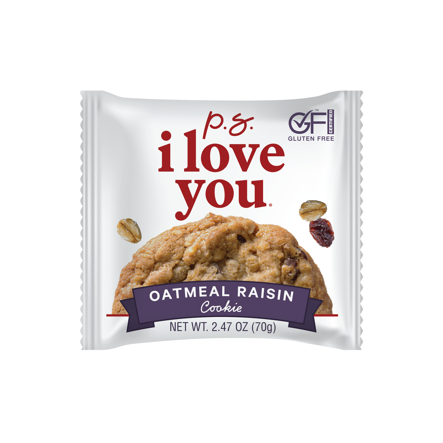 Packaged soft-baked oatmeal raisin cookie with 'i love you' text on a white background