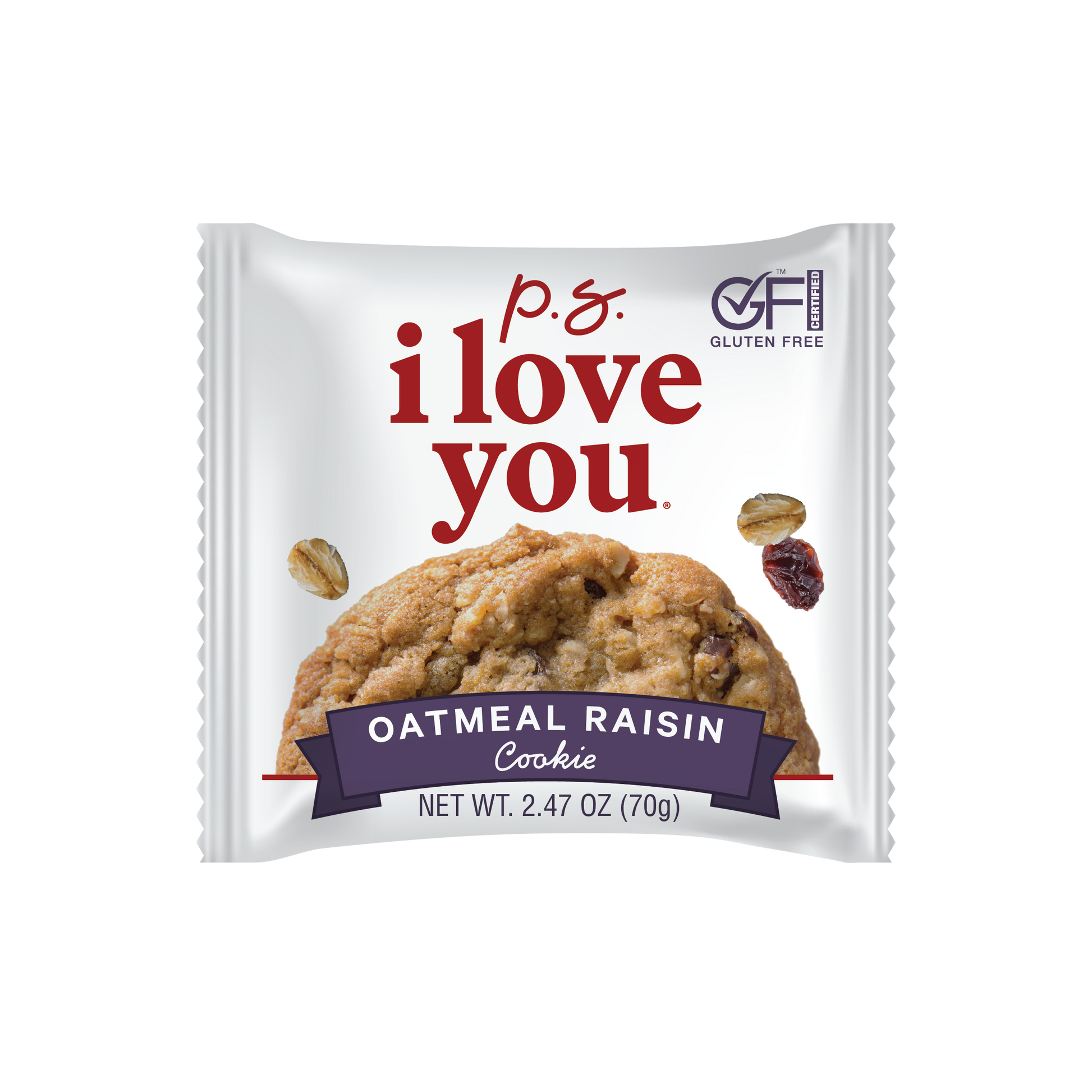 Packaged soft-baked oatmeal raisin cookie with 'i love you' text on a white background